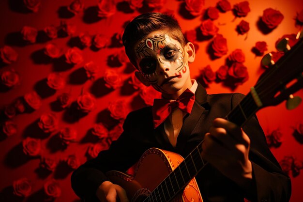 Foto skeleton serenade teen boy con la guitarra de dia de los muertos