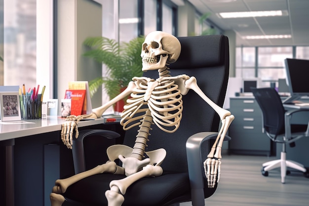 Skelett-Büroangestellter im Alltag. Humorvolle Interpretation der Work-Life-Balance. Generative KI