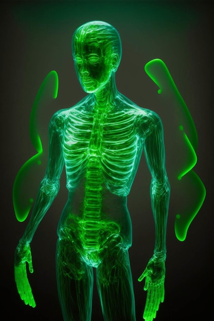 Skelett, das im Dunkeln grün leuchtet, generative KI
