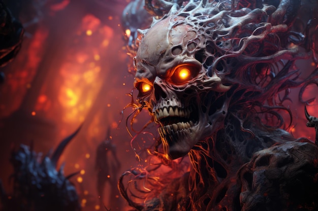 Skelett in der Hölle Schädel brennt im Feuer Heavy Metal Thema dunkel grimmiger Tod Schmelzen in der Höllen Hochwertige Foto