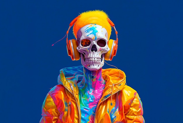 Skelett in Neonfarben mit Kopfhörern Generative KI
