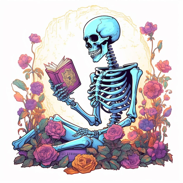 Skelett liest ein Buch in einem Rosengarten, generative KI