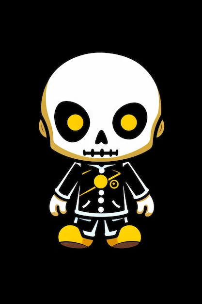 Skelett mit gelben Augen und schwarzem Hemd sitzend Generative KI