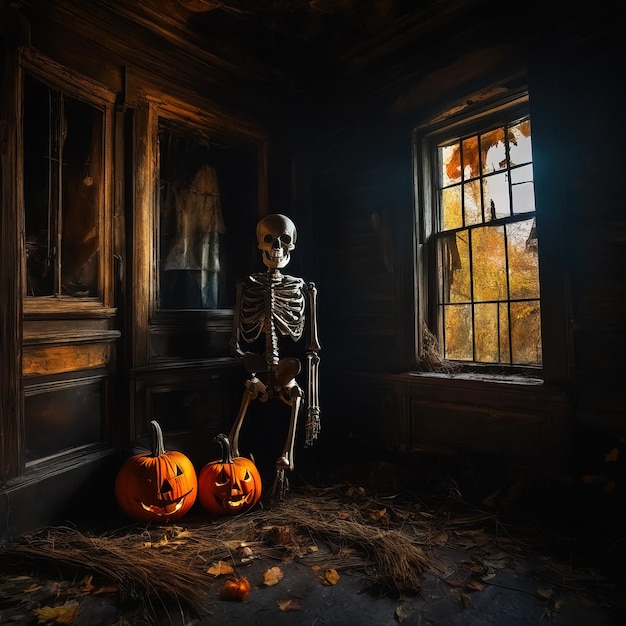 Skelett mit Kürbissen im Inneren eines verlassenen Spukhauses