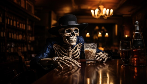Skelett sitzt an der Bar mit einem Glas Whiskey Halloween-Konzept