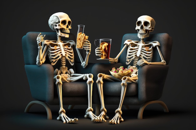 Skelette entspannen in Sesseln bei Wein und Snacks