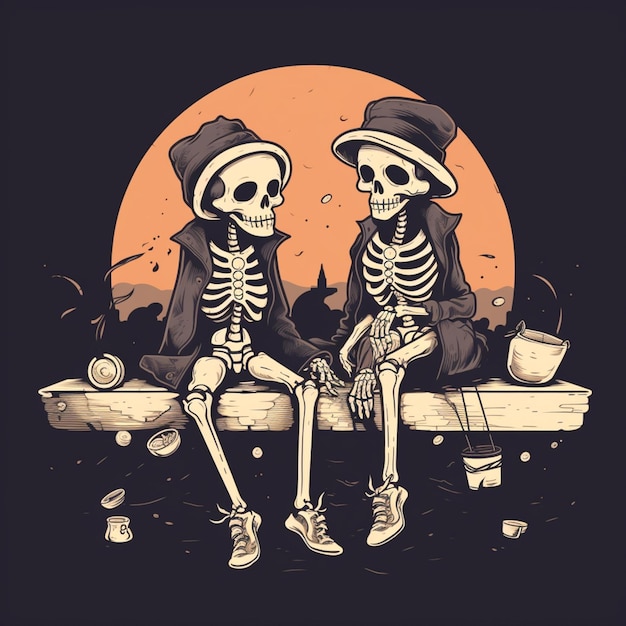 Foto skelette sitzen auf einer bank mit einem vollmond im hintergrund, generative ki