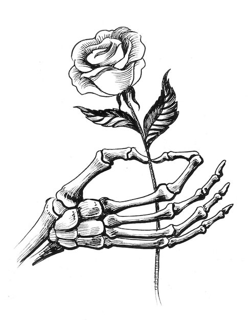 Skeletthand mit Rosenblüte. Tinte Schwarz-Weiß-Zeichnung