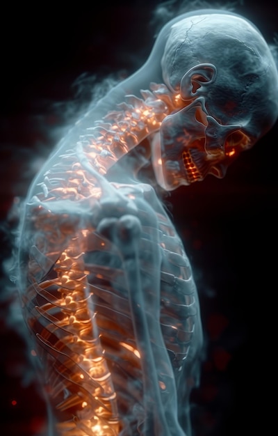 Skelettmensch in Röntgenperspektive, der das Konzept von Rücken- und Kopfschmerzen zeigt