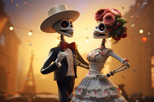 Skelettpaar tanzt am Tag der Toten Celebra 00602 02