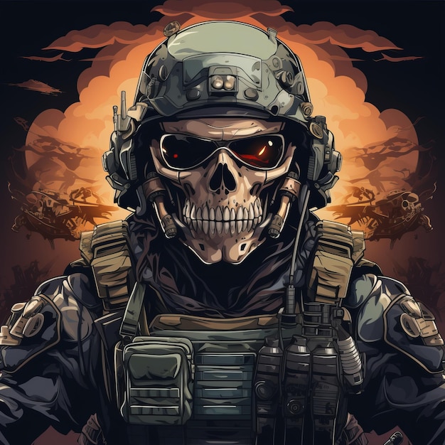 Skelton con casco militar con ilustración de armas