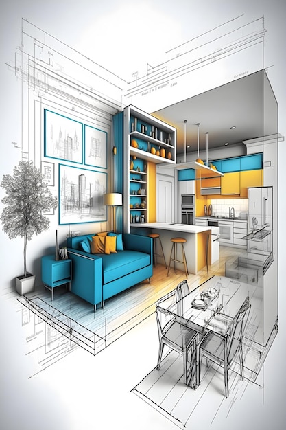 Sketch and Blueprint interior brillante de un nuevo apartamento ilustración dibujada a mano