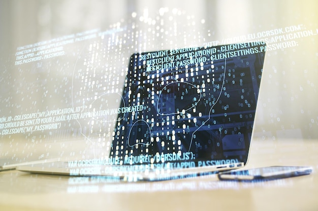 Sketch de cráneo de código creativo en el fondo de la computadora portátil moderna robo de datos personales y concepto de malware Multiexposure