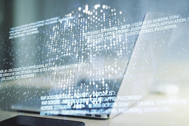 Sketch de cráneo de código creativo en el fondo de la computadora portátil moderna robo de datos personales y concepto de malware Multiexposure