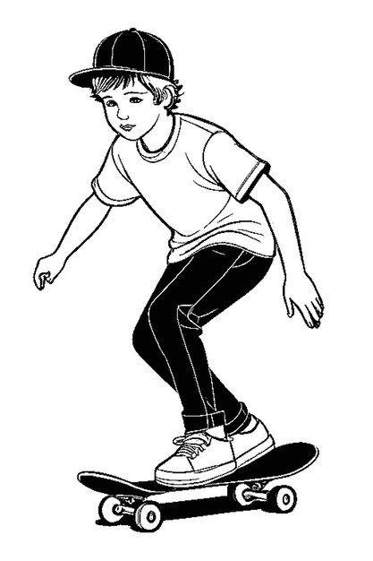 Foto sketch fun boy skateboarding em estilo de livro de colorir gerado por ia