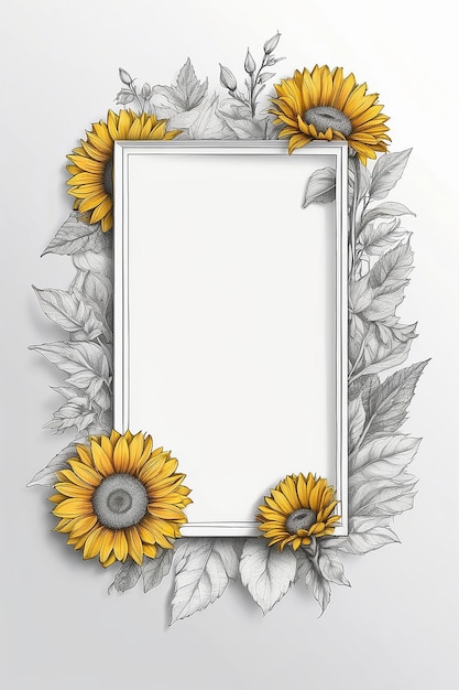 Foto sketch de girasol en blanco mockup de marco con espacio vacío blanco para colocar su diseño