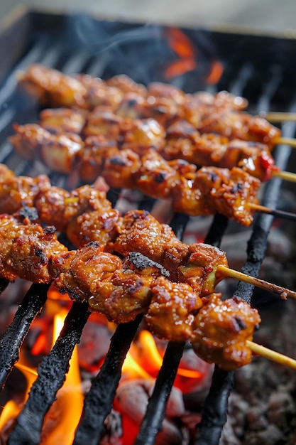 Foto skewers de carne en una parrilla con llamas