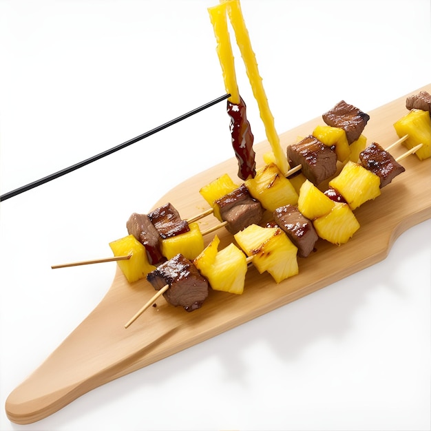 Foto skewers com abacaxi e carne de vaca em um fundo branco