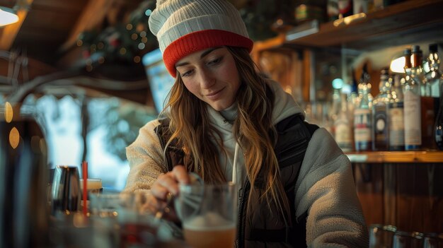 Ski-Resort-Barkeeper, der Getränke in einer Berghütte serviert