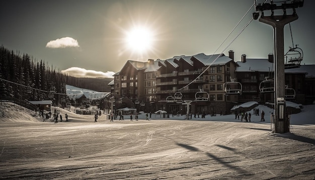 Skifahren im Winterwunderland, beleuchtete Dämmerung, erzeugt durch künstliche Intelligenz