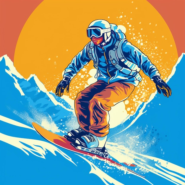 Foto skifahrer auf einem snowboard vor einer sonne und einem generativen berg