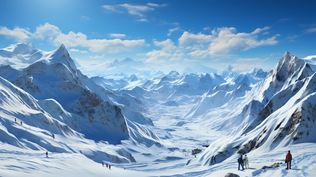 Skifahrer auf einem verschneiten Berghang mit blauem Himmel
