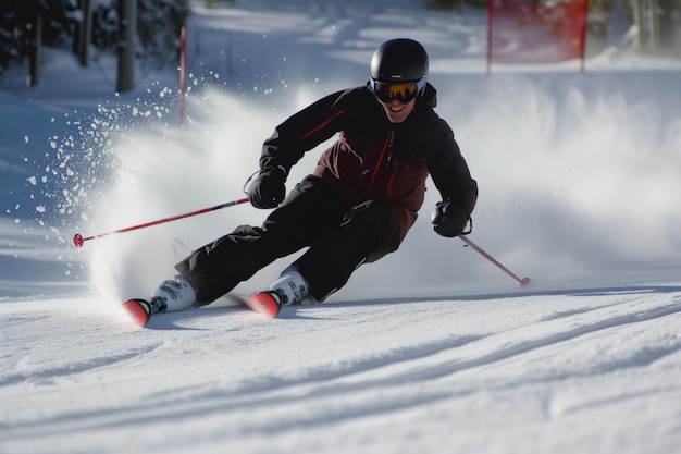 Skifahrer, der auf einem gepflegten Weg mit hoher Geschwindigkeit tief steckt