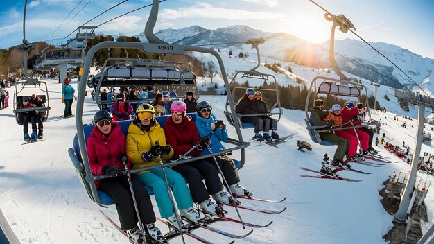 Skifahrer fahren auf dem Skilift auf dem Skigebiet