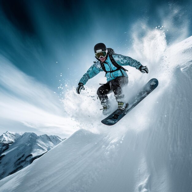 Skifahrer in blauer Jacke fährt auf einem Snowboard mit generativer KI einen verschneiten Hügel hinunter