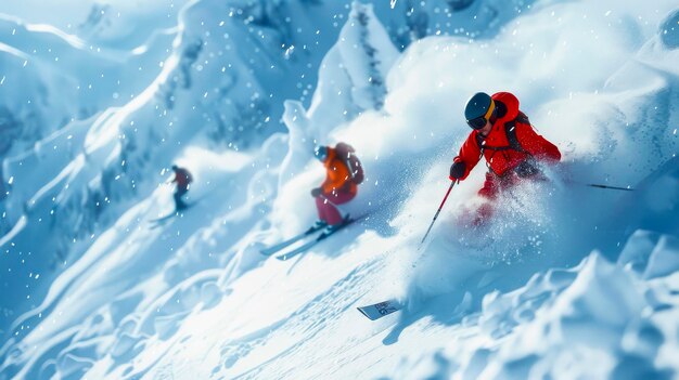 Skifahrer in lebhafter Kleidung auf einem schneebedeckten Hang