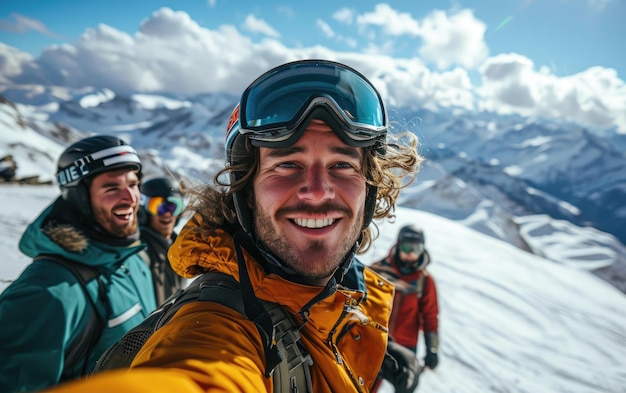 Skifahrer mit Freunden mit Ski-Gläsern und Ski-Helm auf dem Schneeberg