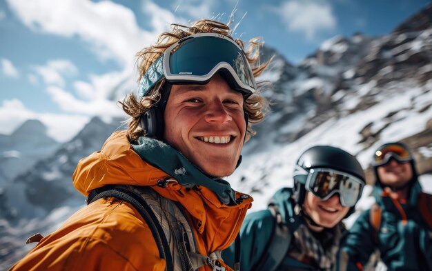 Foto skifahrer mit freunden mit ski-gläsern und ski-helm auf dem schneeberg