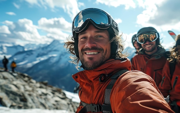 Skifahrer mit Freunden mit Ski-Gläsern und Ski-Helm auf dem Schneeberg