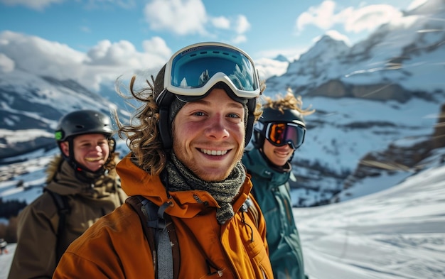 Skifahrer mit Freunden mit Ski-Gläsern und Ski-Helm auf dem Schneeberg