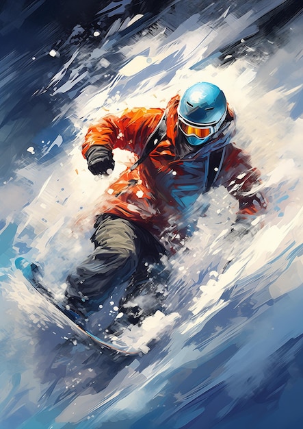 Foto skifahrer mit orangefarbener jacke fährt steil hinunter, blauer himmel, illustration, gesichtströme, erfrorungen hoch