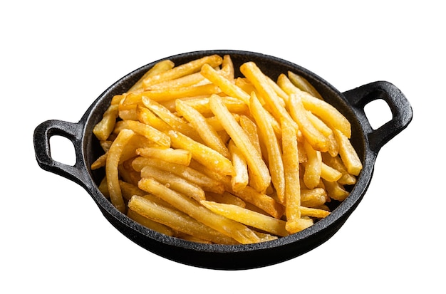 Skilet cheio de batatas fritas com sal Isolado em fundo branco Vista superior