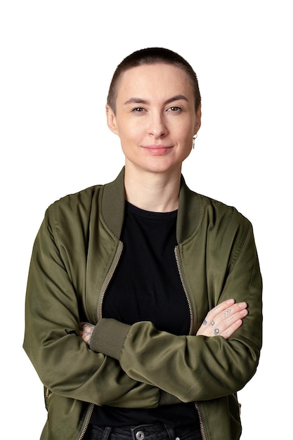 Skinhead-Frau im Studio schießt durchsichtige PNG
