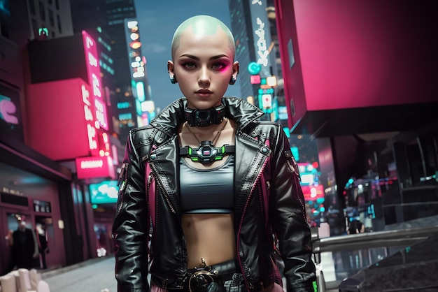 Foto skinhead mulheres soldado com cabelo rosa limão cyberpunk