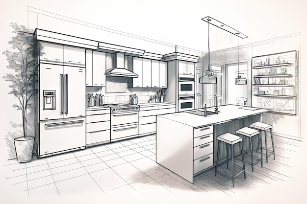 Skizze einer modernen und eleganten Küche mit weißen Schränken und Edelstahlakzenten