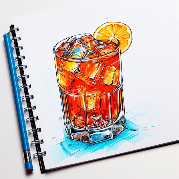 Skizze mit einem Glas Cocktail-Marker