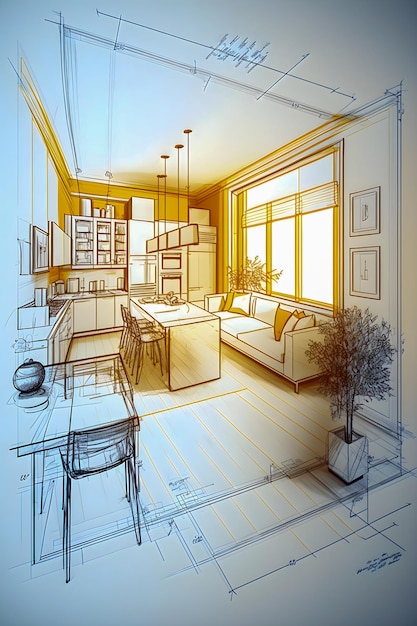 Skizze und Blaupause heller Innenraum einer neuen handgezeichneten Illustration der Wohnung