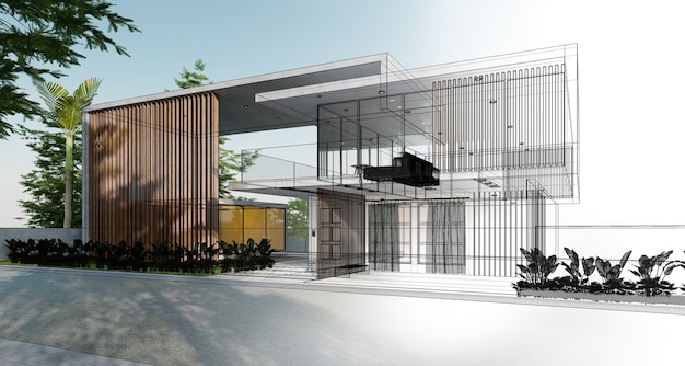 Skizze und Entwurf eines modernen gemütlichen Hauses, das real wird. 3D-Darstellung