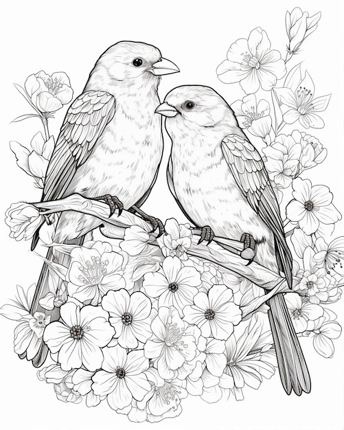 Skizze von Liebesvögeln vor Blumen