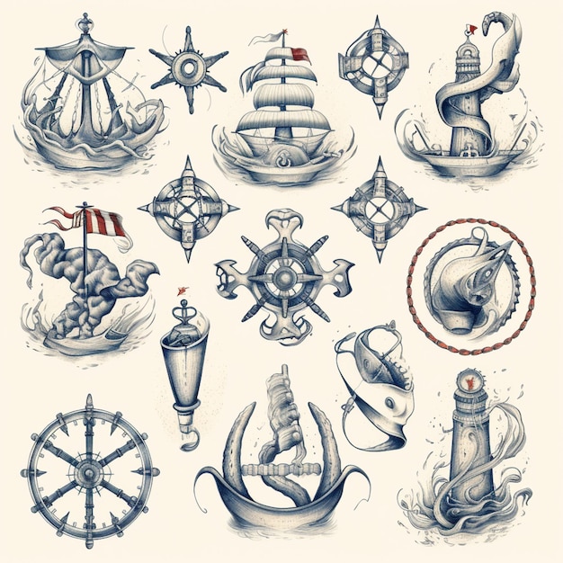 Foto skizzen verschiedener nautischer gegenstände und symbole auf weißem hintergrund