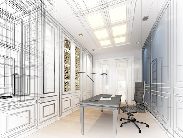 skizzendesign des arbeitsraums, 3d-rendering