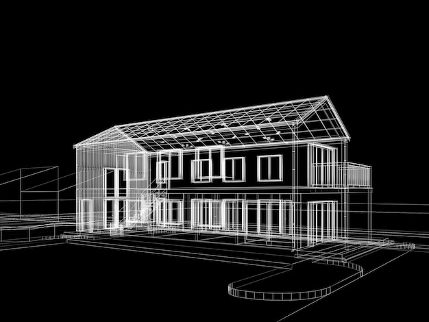 Skizzendesign des Hauses 3D-Rendering-Drahtrahmen