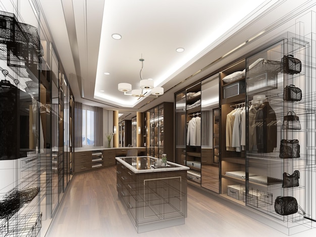 Skizzendesign des InnenraumsWalkin Closet3D-Rendering