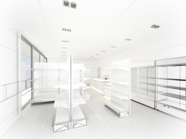 Skizzendesign des Supermarkts 3D-Rendering