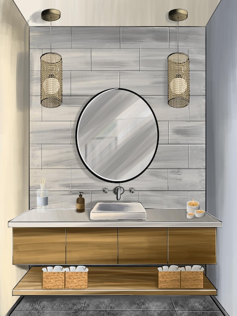 Skizzenhaftes Badezimmer-Innendesign Moderner Waschbeckenspiegel und Badetücher Freihanddarstellung eines Badezimmers