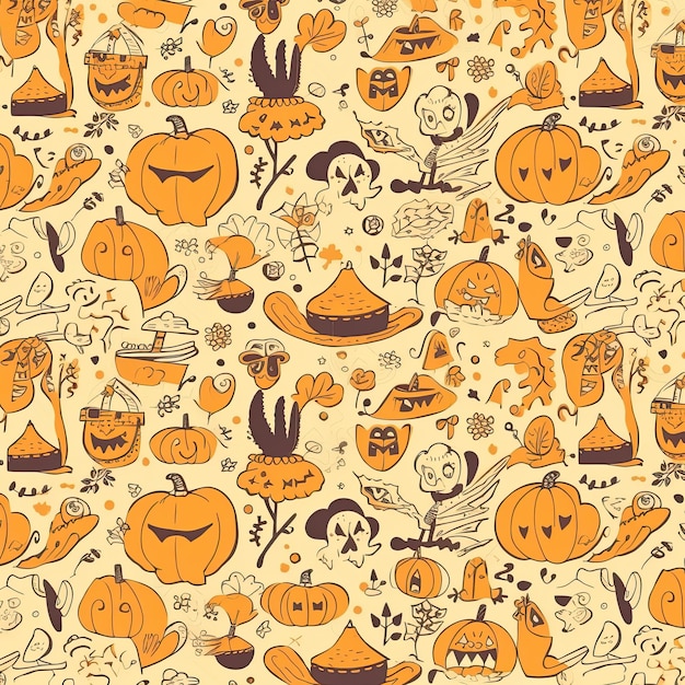 Skizzieren Sie ein nahtloses Halloween-Muster mit braunen und orangen Farben. Generative KI